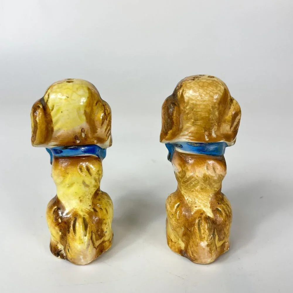 Vintage Ceramic Dog Spaniel Salt & Pepper Shakers  Blue Bows Japan 1950s